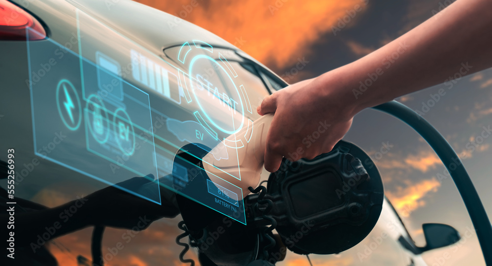 Electric Car EV charging station people charging in car port, ui