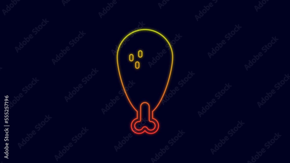 Glowing neon line Chicken leg icon isolated on blue background. Chicken drumstick. 4K Video motion graphic animation Glowing neon line Chicken leg icon isolated on blue background. Chicken drumstick. 4K Video motion graphic animation
