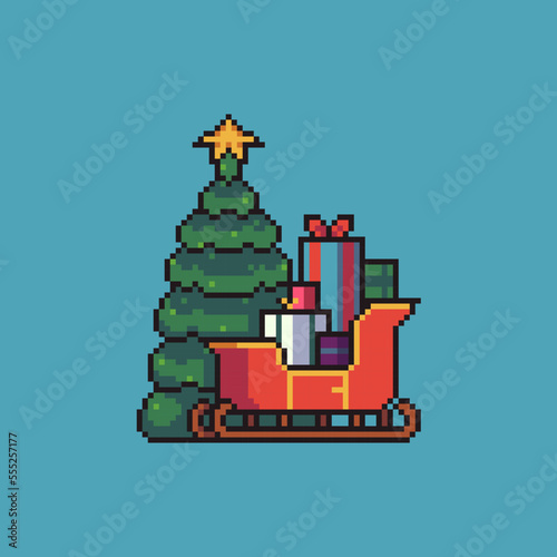 Concept composition of Christmas tree and Santa sleigh with gifts. Pixel art vector illustration © Anastasia