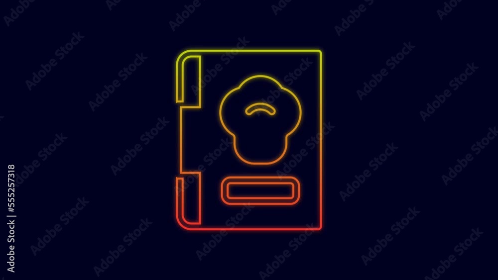 Glowing neon line Cookbook icon isolated on blue background. Cooking book icon. Recipe book. Fork and knife icons. Cutlery symbol. 4K Video motion graphic animation Glowing neon line Cookbook icon isolated on blue background. Cooking book icon. Recipe book. Fork and knife icons. Cutlery symbol. 4K Video motion graphic animation