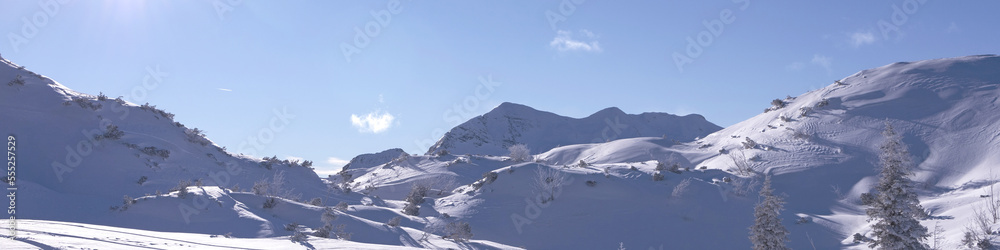 Banner 4x1 with winter mountain landscape with forest, mountain peaks, snowy slopes Banner 4x1 with winter mountain landscape with forest, mountain peaks, snowy slopes