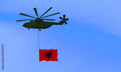 Helicopter flies with the flag of Albania, the flag of Albania in the sky. National holiday. vector illustration eps10