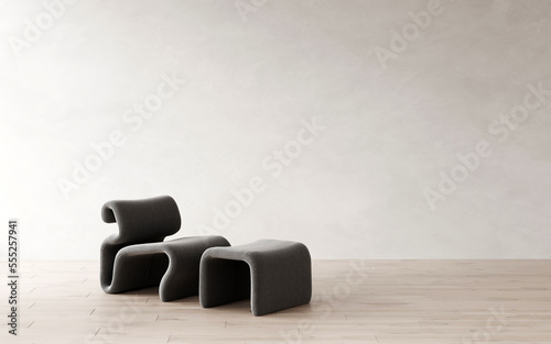 Empty living room with stylish grey armchair on the wooden floor. Concrete texture wall background. Frame mockup. 3d rendering. Interior background  photo