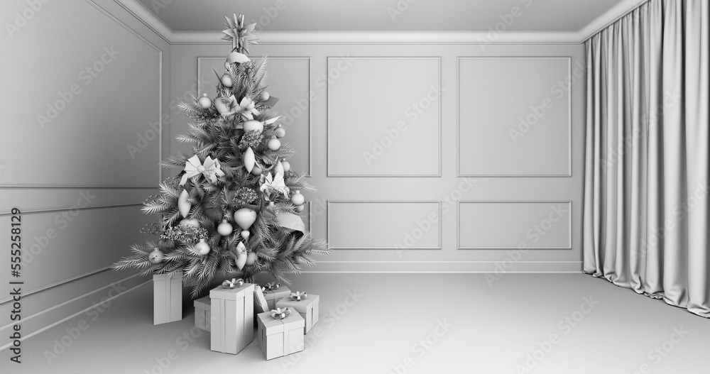Boże Narodzenie, pięknie ozdobiona choinka a pod nią prezenty świąteczne. Klasyczne wnętrze. 3D rendering, 3D ilustracja, obraz czarno-biały - obrazy, fototapety, plakaty 