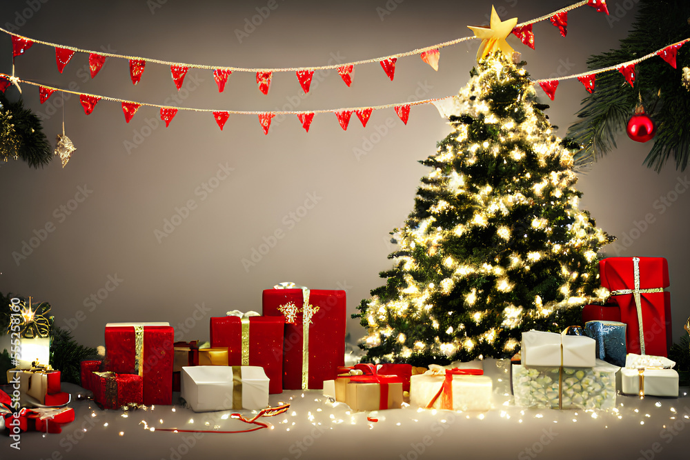 Banner de natal com presentes arvore luzes enfeites decoração decorações de natal papai noel gerado por IA