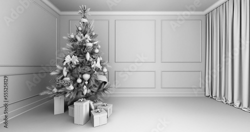 Boże Narodzenie, pięknie ozdobiona choinka a pod nią prezenty świąteczne. Klasyczne wnętrze. 3D rendering, 3D ilustracja, obraz czarno-biały
