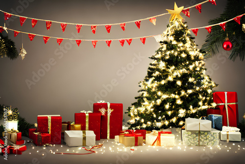 Banner de natal com presentes arvore luzes enfeites decoração decorações de natal papai noel gerado por IA photo