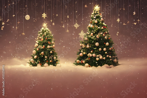 Banner de natal com presentes arvore de natal pinheiro luzes enfeites decoração decorações de natal papai noel gerado por IA photo