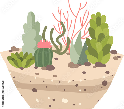 Different evergreen plants in soil flat icon Houseplant
