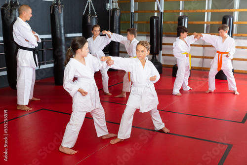 Diligent school girls practicing new karate moves in pairs in class with trainer