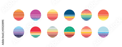 Sun retro badge icon set. Abstract ocean view background inside circles shapes illustrations symbol. Sign summer vector desing.
