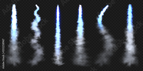 Realistic blue space rocket trails. Festive fireworks launch. Fire burst, explosion. Missile or bullet trail. Jet aircraft tracks. Smoke clouds, fog. Steam flow. Vector illustration