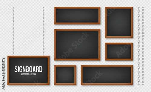Signboards in a wooden frame hanging on a metal chain. Restaurant menu board. School chalkboard, writing surface for text or drawing. Blank advertising or presentation boards. Vector illustration