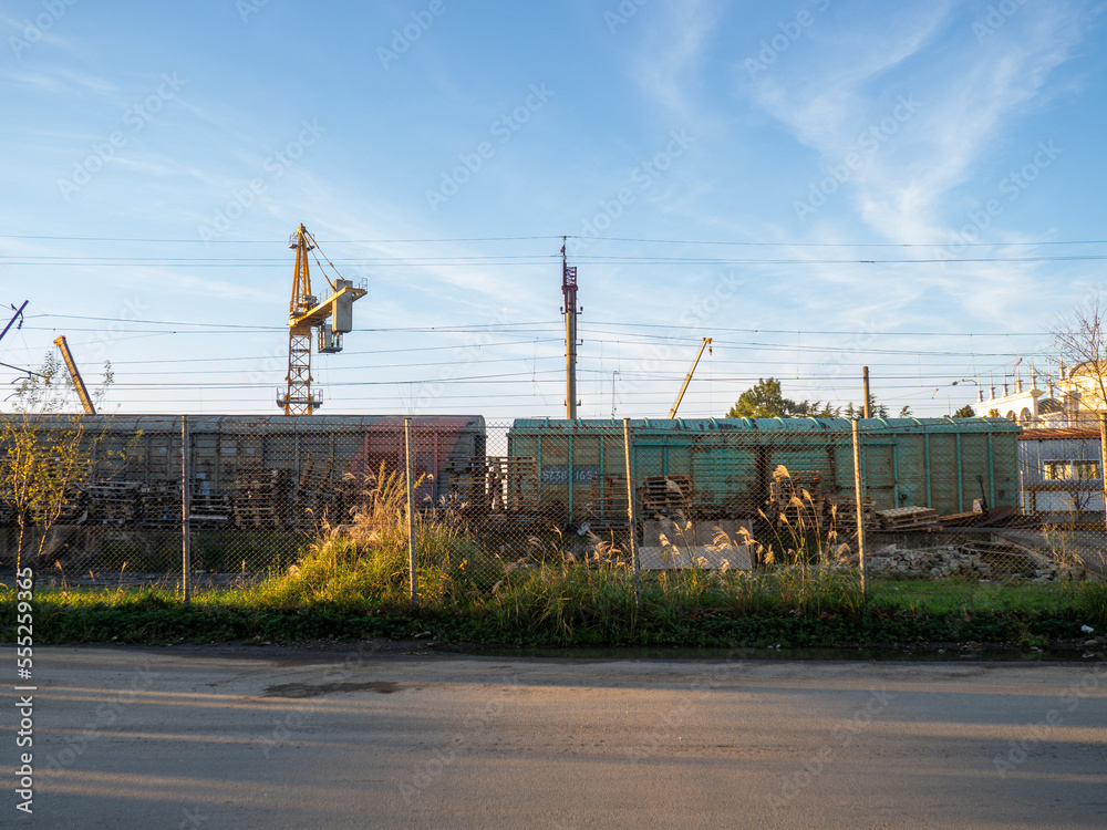 Loading area at the railway station. Freight train and wounds. Loading area at the railway station. Freight train and wounds.