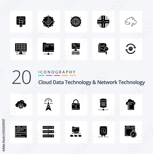 20 Cloud Data Technology And Network Technology Solid Glyph icon Pack like cloud money  computing server  security photo