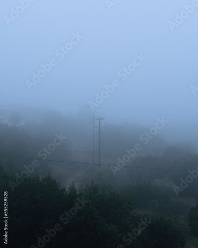 Foggy outdoor scene with power poles, hills and trails