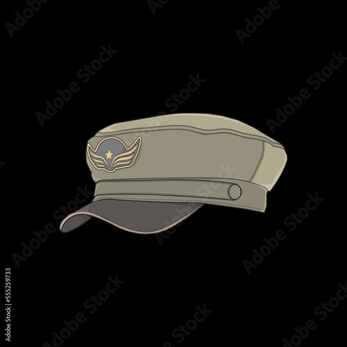Military cap vector illustration isolated on black background. Military cap vector for coloring book.