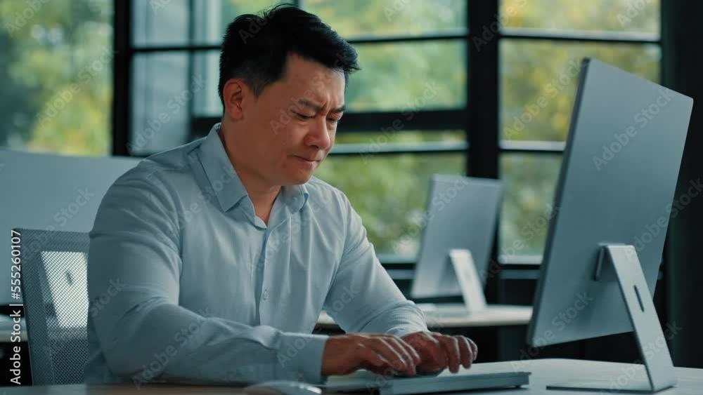 Chinese middle-aged businessman work on computer receive bad email notification wrong test result disappointed asian man business owner make mistake feel negative emotion professional defeat concept Chinese middle-aged businessman work on computer receive bad email notification wrong test result disappointed asian man business owner make mistake feel negative emotion professional defeat concept