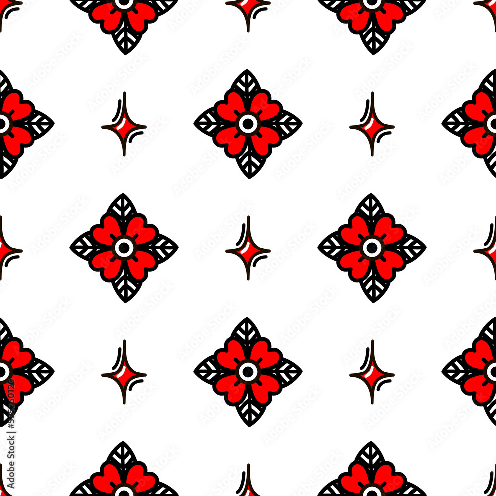 Red flower style old school tattoo pattern.doodle Red flower style old school tattoo pattern.doodle