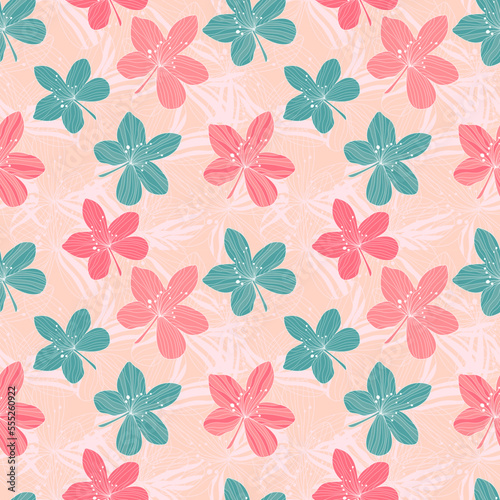 Pink and blue cute line art floral seamless pattern on pink background. It is suitable for tiles, decorations, textile, fabric and many more.