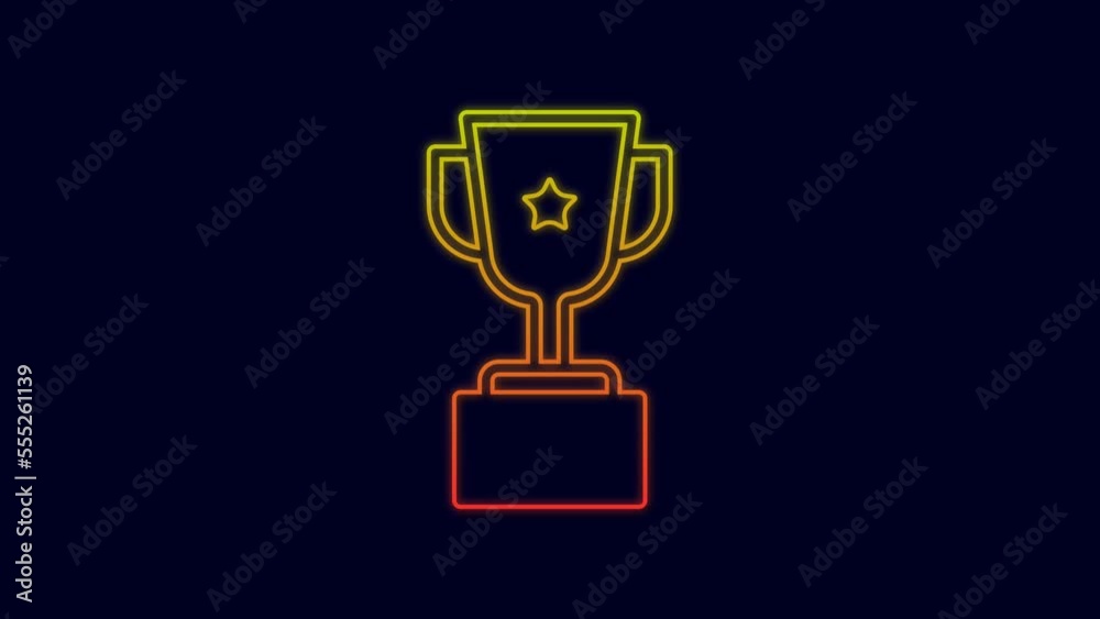 Glowing neon line Award cup icon isolated on blue background. Winner trophy symbol. Championship or competition trophy. Sports achievement sign. 4K Video motion graphic animation Glowing neon line Award cup icon isolated on blue background. Winner trophy symbol. Championship or competition trophy. Sports achievement sign. 4K Video motion graphic animation