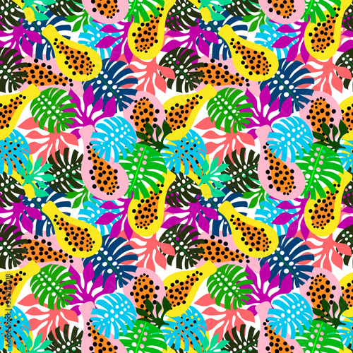 tropical fruit and flowers seamless vector repeat pattern. It is suitable for tiles, textile, decorations, fabric, cloth, wrapping and more.