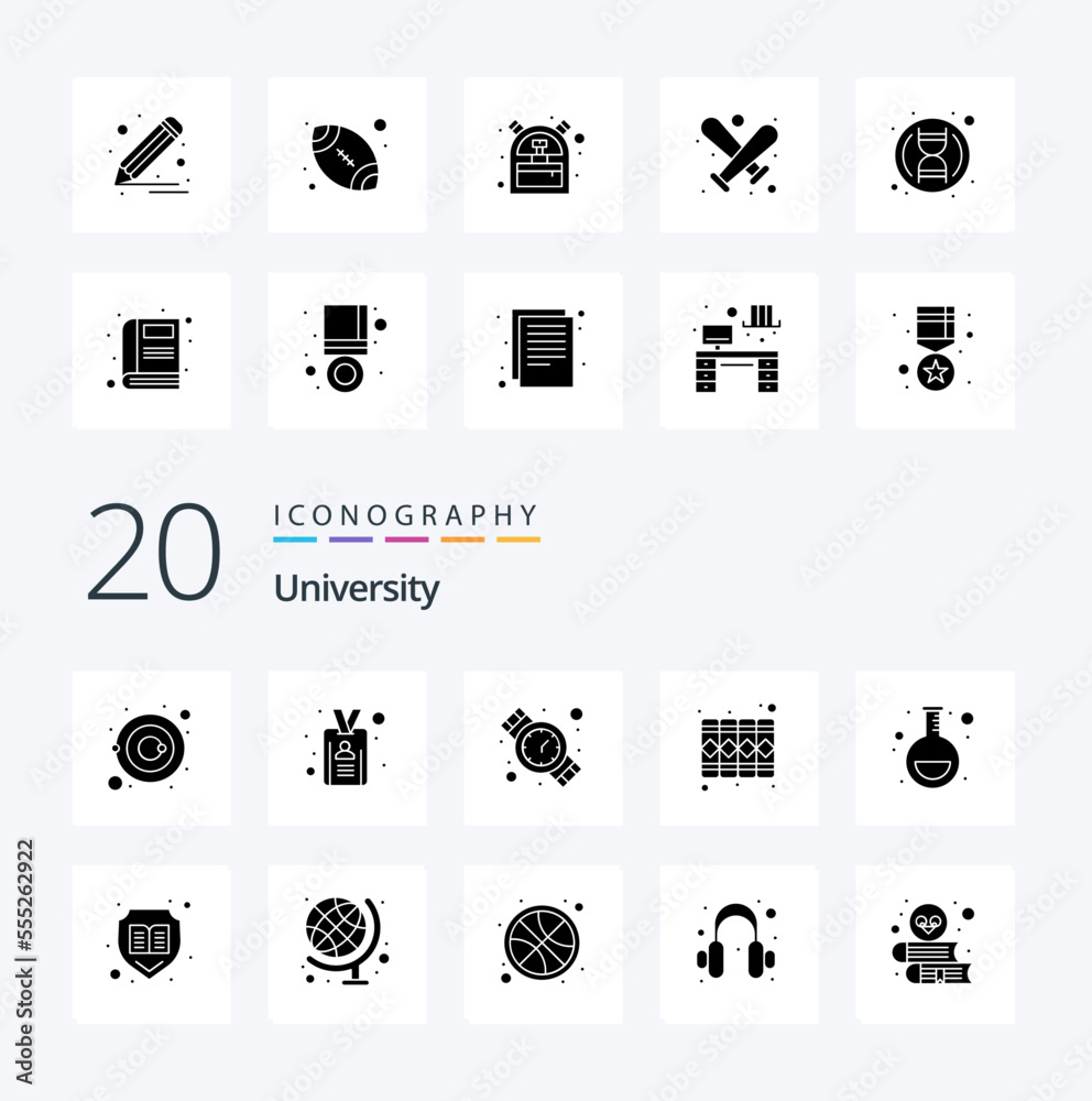 20 University Solid Glyph icon Pack like lab hand watch record document