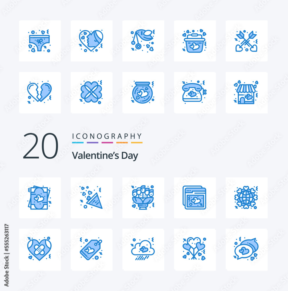 20 Valentines Day Blue Color icon Pack like globe ux bouquet love date