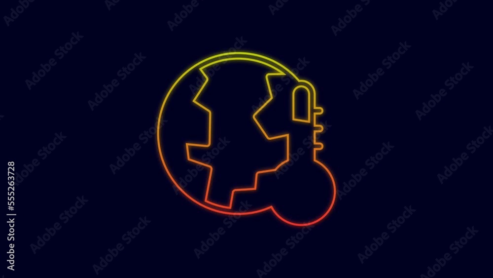 Glowing neon line Planet earth melting to global warming icon isolated on blue background. Ecological problems and solutions - thermometer. 4K Video motion graphic animation Glowing neon line Planet earth melting to global warming icon isolated on blue background. Ecological problems and solutions - thermometer. 4K Video motion graphic animation