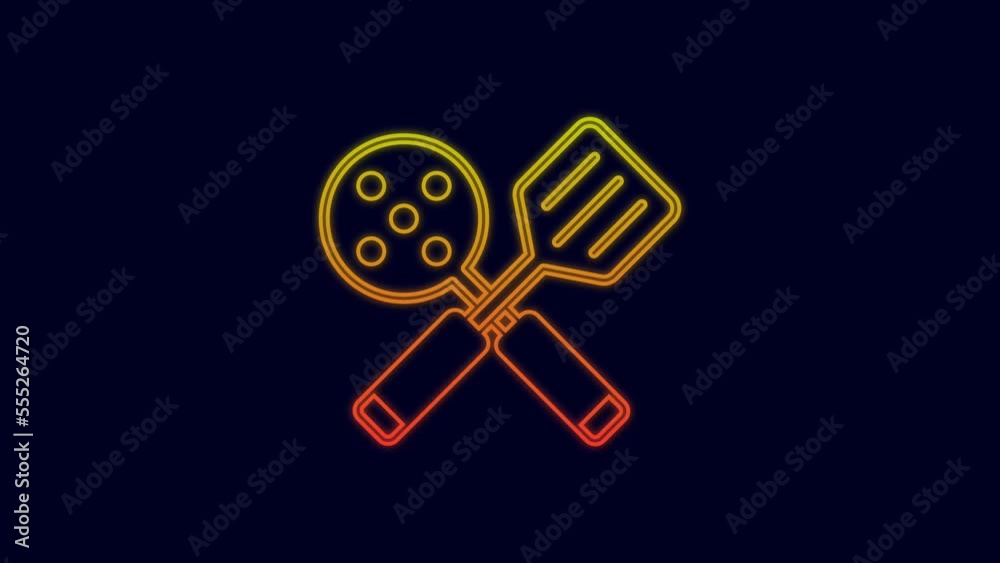 Glowing neon line Spatula icon isolated on blue background. Kitchen spatula icon. BBQ spatula sign. Barbecue and grill tool. 4K Video motion graphic animation Glowing neon line Spatula icon isolated on blue background. Kitchen spatula icon. BBQ spatula sign. Barbecue and grill tool. 4K Video motion graphic animation