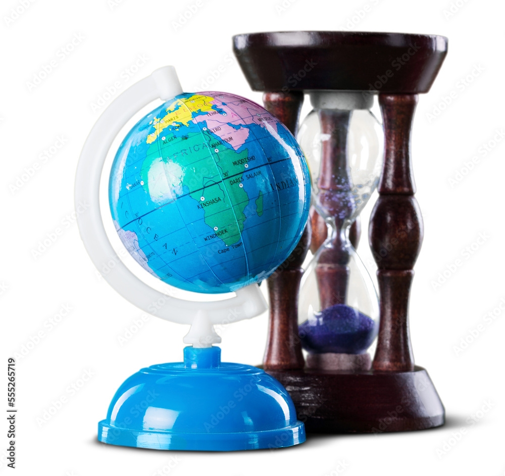 Old hourglass and classic Earth globe Old hourglass and classic Earth globe