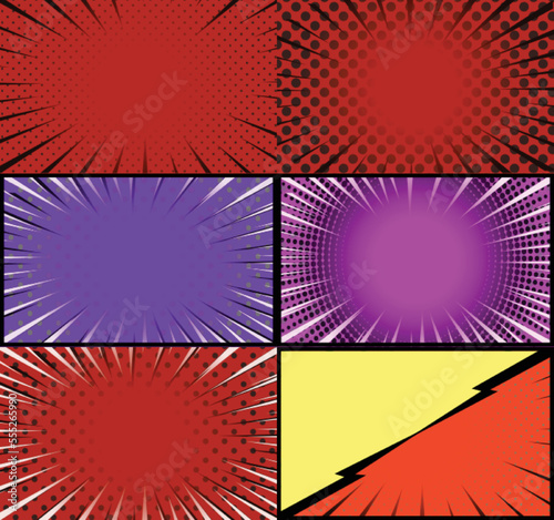 Comic book colorful frames background with halftone rays radial and dotted effects pop art style © Muhammad