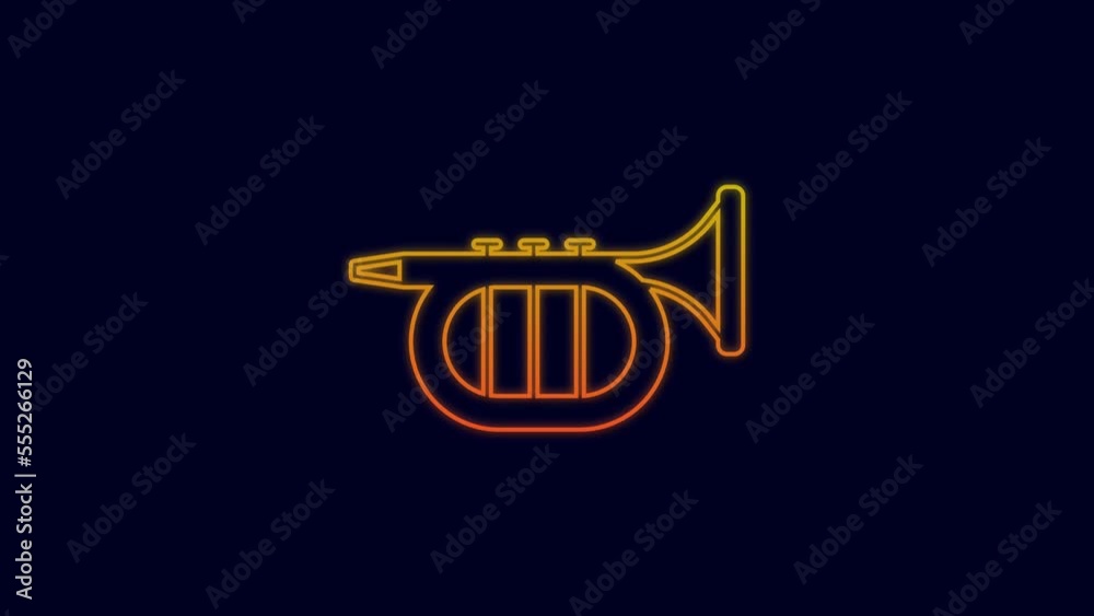 Glowing neon line Trumpet icon isolated on blue background. Musical instrument. 4K Video motion graphic animation Glowing neon line Trumpet icon isolated on blue background. Musical instrument. 4K Video motion graphic animation