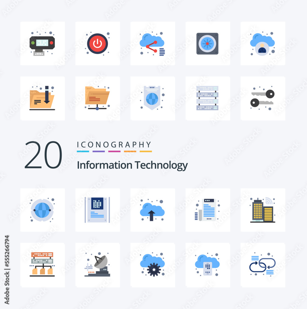 20 Information Technology Flat Color icon Pack like internet building cloud letter email