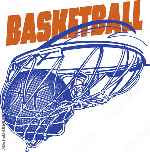 illustration of a basketball hoop and basketball ball in action photo