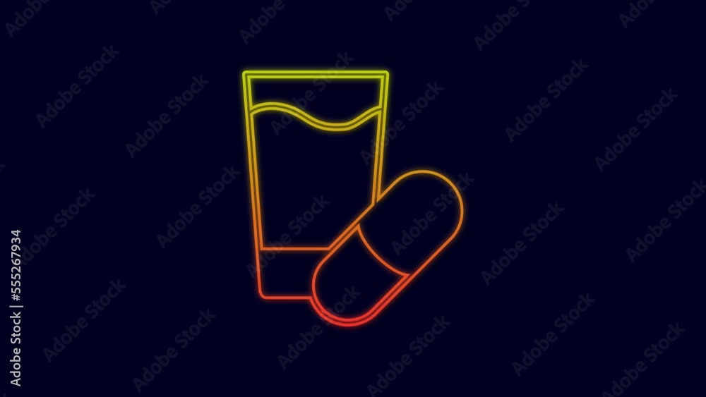 Glowing neon line Sleeping pill icon isolated on blue background. 4K Video motion graphic animation
