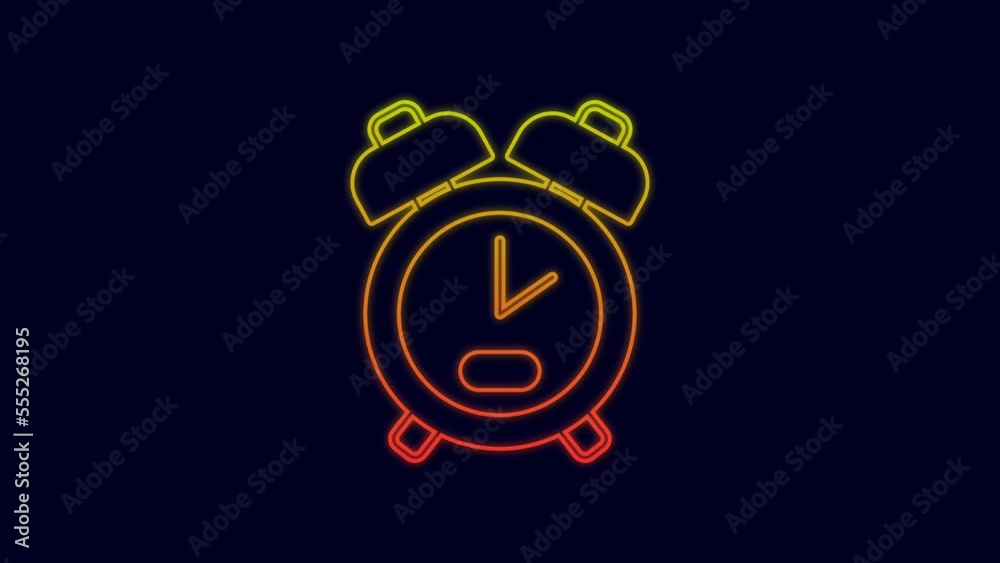 Glowing neon line Alarm clock icon isolated on blue background. Wake up, get up concept. Time sign. 4K Video motion graphic animation Glowing neon line Alarm clock icon isolated on blue background. Wake up, get up concept. Time sign. 4K Video motion graphic animation