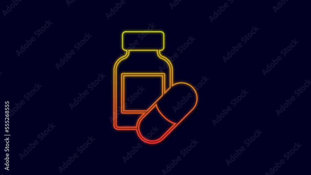 Glowing neon line Sleeping pill icon isolated on blue background. 4K Video motion graphic animation Glowing neon line Sleeping pill icon isolated on blue background. 4K Video motion graphic animation