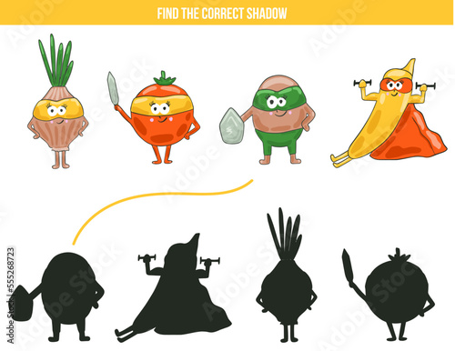 Shadow game for children with funny vegetables super hero in cartoon style
