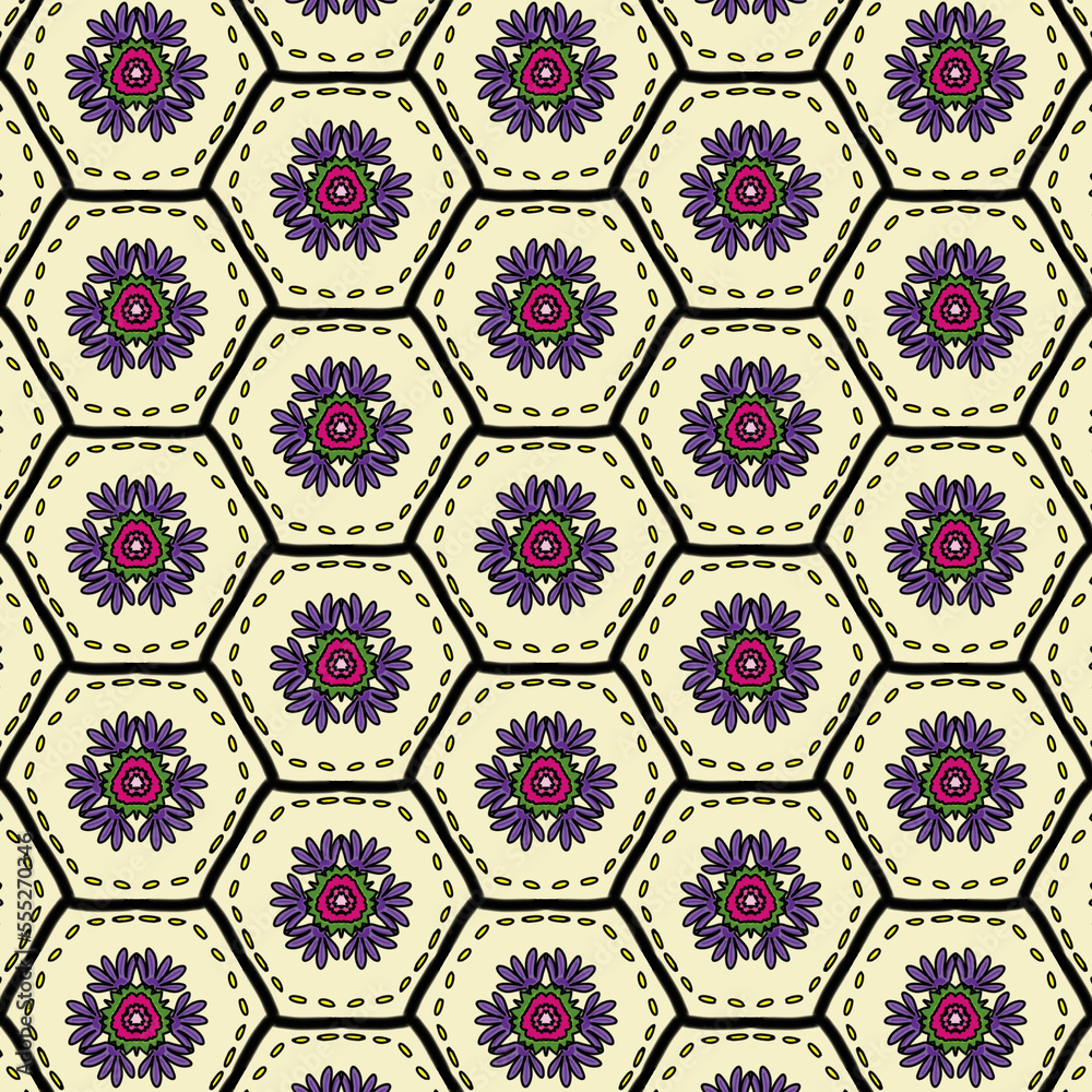 Purple flower background, Frabic pattern in hexagons
