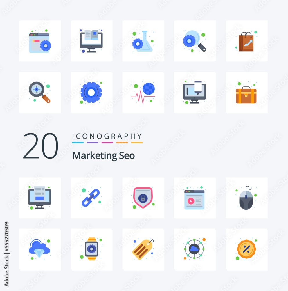 20 Marketing Seo Flat Color icon Pack like monitor computing network website online