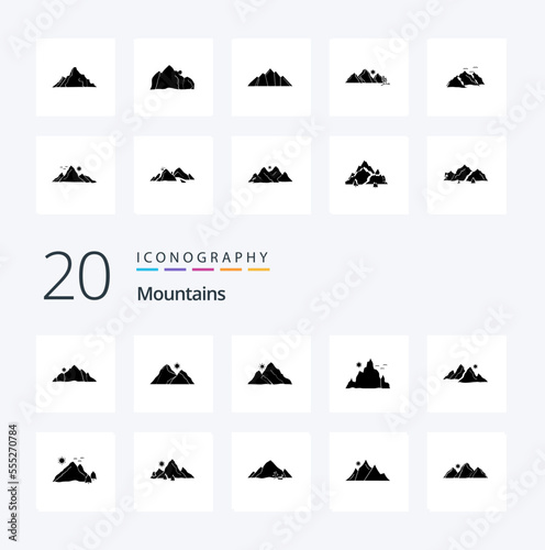 20 Mountains Solid Glyph icon Pack like hill mountain nature sun hill