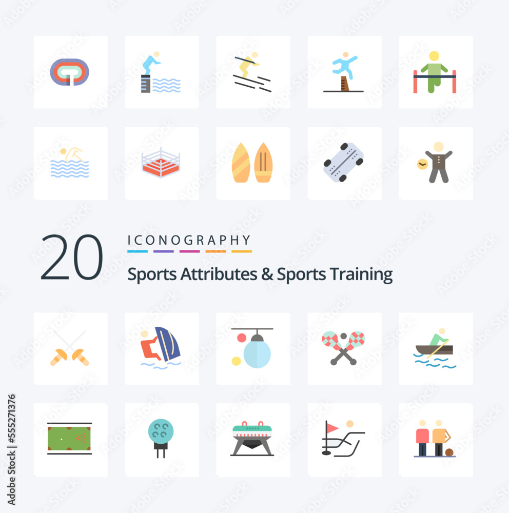 20 Sports Atributes And Sports Training Flat Color icon Pack like boat stick bag lacrosse training