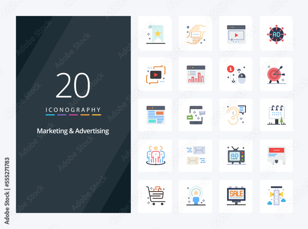 20 Marketing And Advertising Flat Color icon for presentation