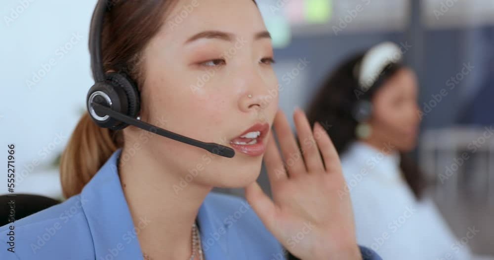 Stress, call center and Asian woman frustrated with client talking ...