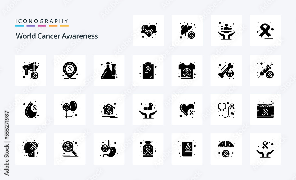 25 World Cancer Awareness Solid Glyph icon pack
