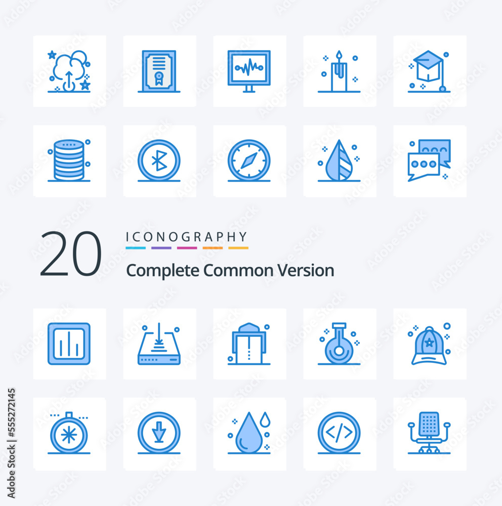 20 Complete Common Version Blue Color icon Pack like accessories research save laboratory beaker