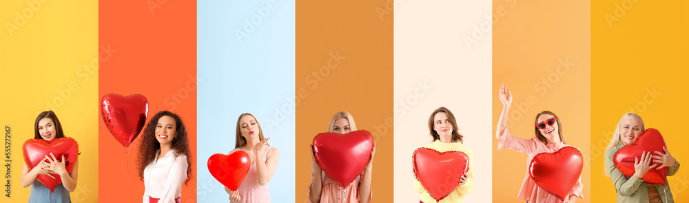 Set of women with heart-shaped balloons on color background. Valentine's Day celebration Set of women with heart-shaped balloons on color background. Valentine's Day celebration