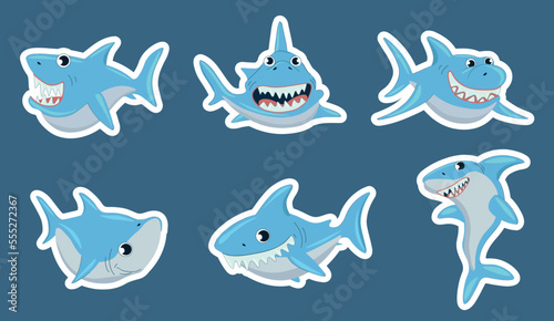 Shark stickers set. Collection of graphic elements for website. Predator with big teeth and fin  representative of underwater world. Cartoon flat vector illustrations isolated on blue background