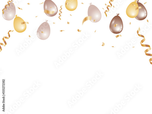gold and cream air balloons with confetti . Celebration background design. Vector illustration
